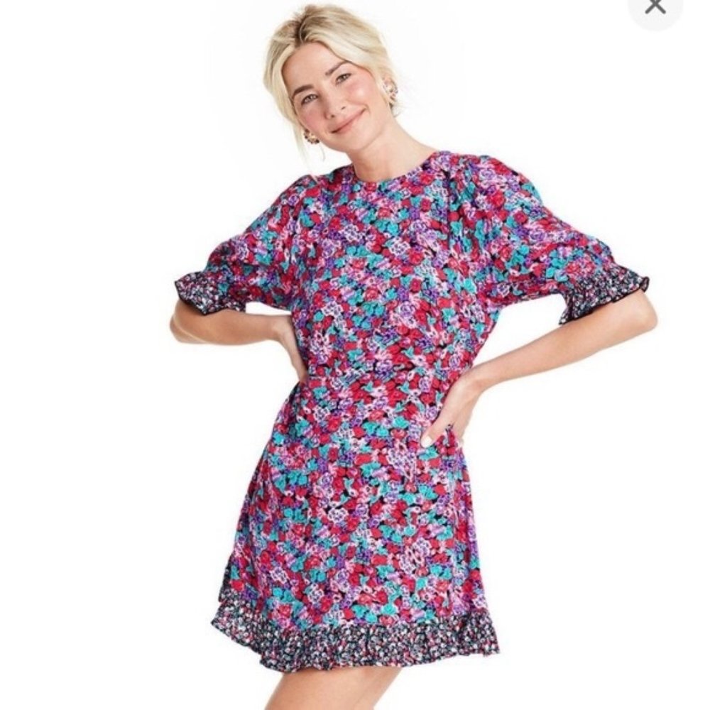 Rixo Mixed Floral Puff Sleeve Mini Dress size 2 Limited Edition NWT